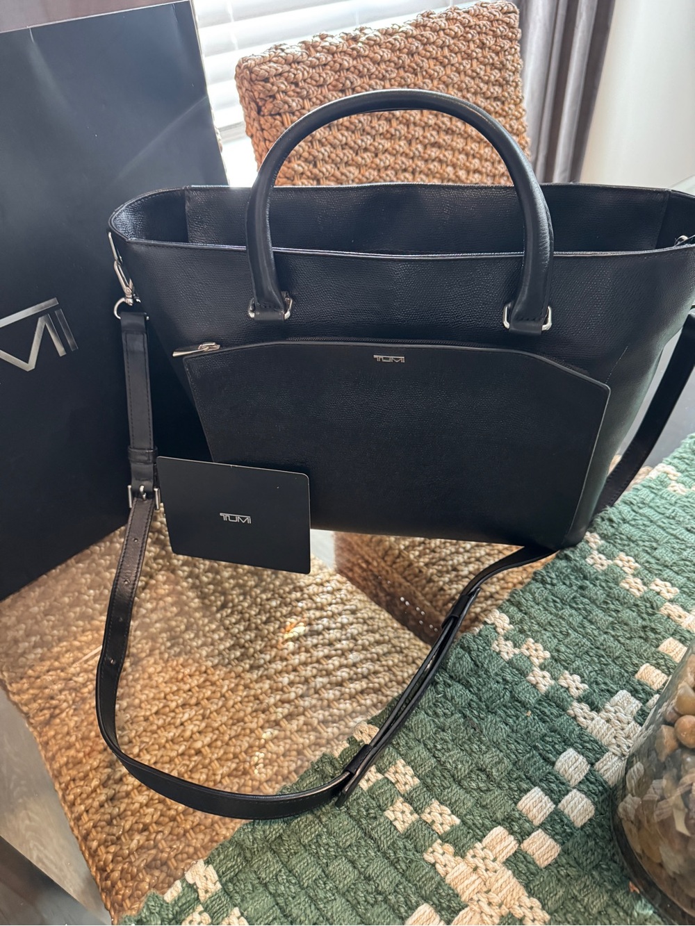 Tumi Black Leather Convertible Satchel with Front Zip Pocket